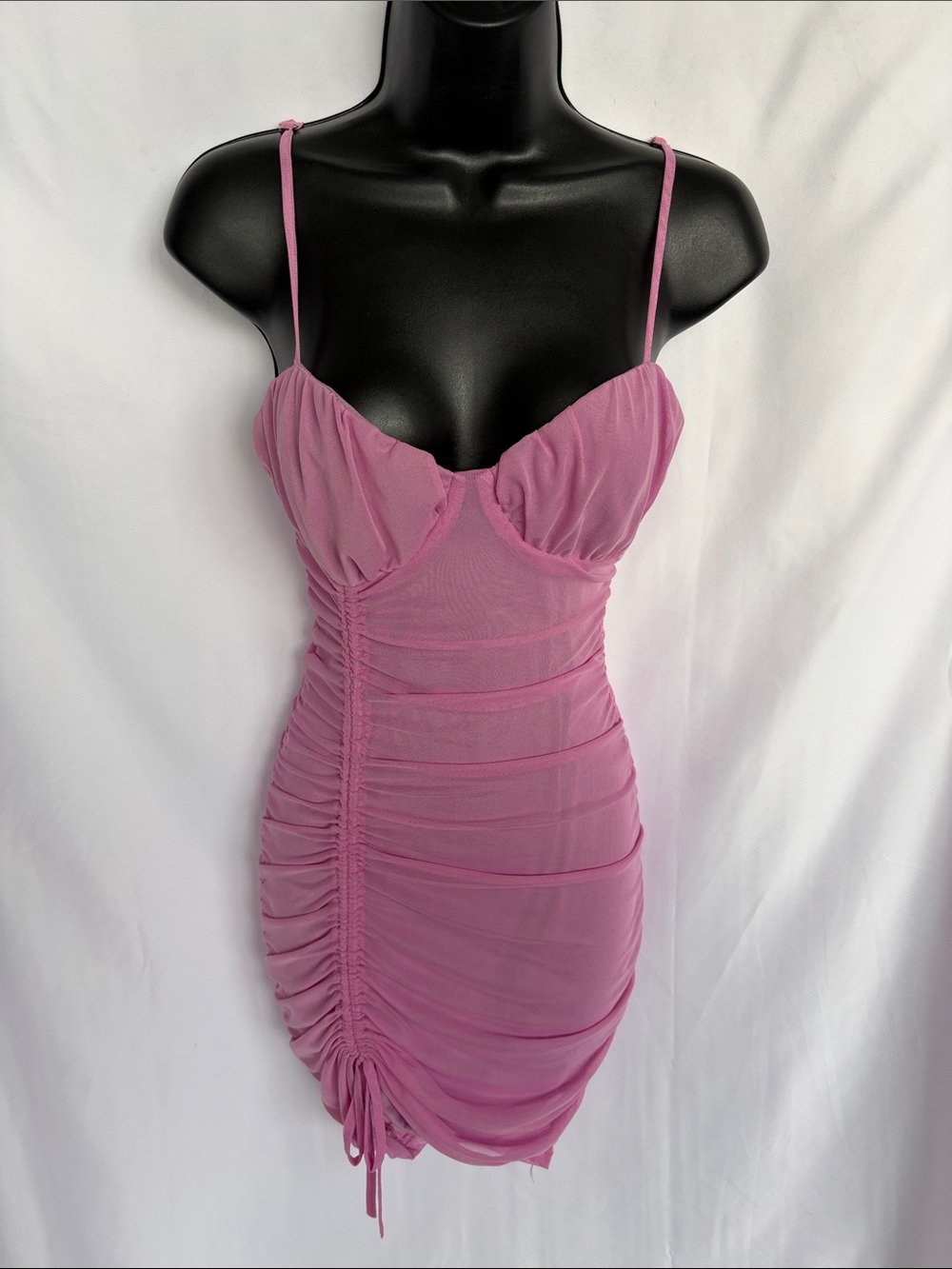 Dizzy Lizzy Pink Rusched Mini Dress, sz S, Stretchy, 15” PTP, 32” L